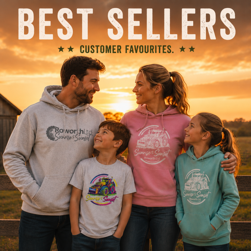 Family wearing Roworth Ltd farming clothing at sunset beside a wooden fence, featuring bestselling hoodies and tractor graphic T-shirts in pink, mint and grey with ‘Best Sellers’ and ‘Customer Favourites'