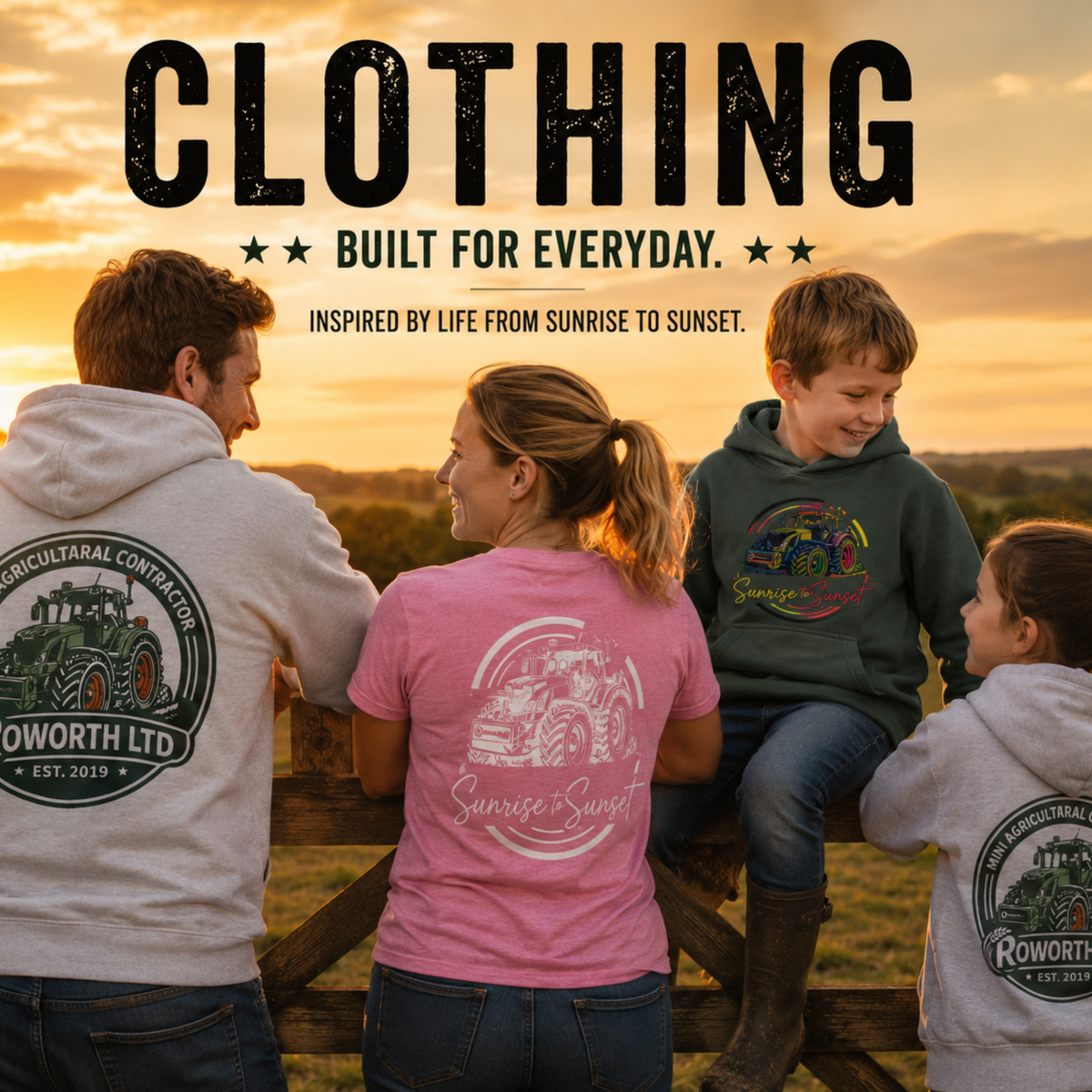 Family wearing Roworth Ltd farming clothing collection at sunset including adult hoodies, signature T-shirts, kids tractor hoodies and mini agricultural contractor designs in a countryside field.