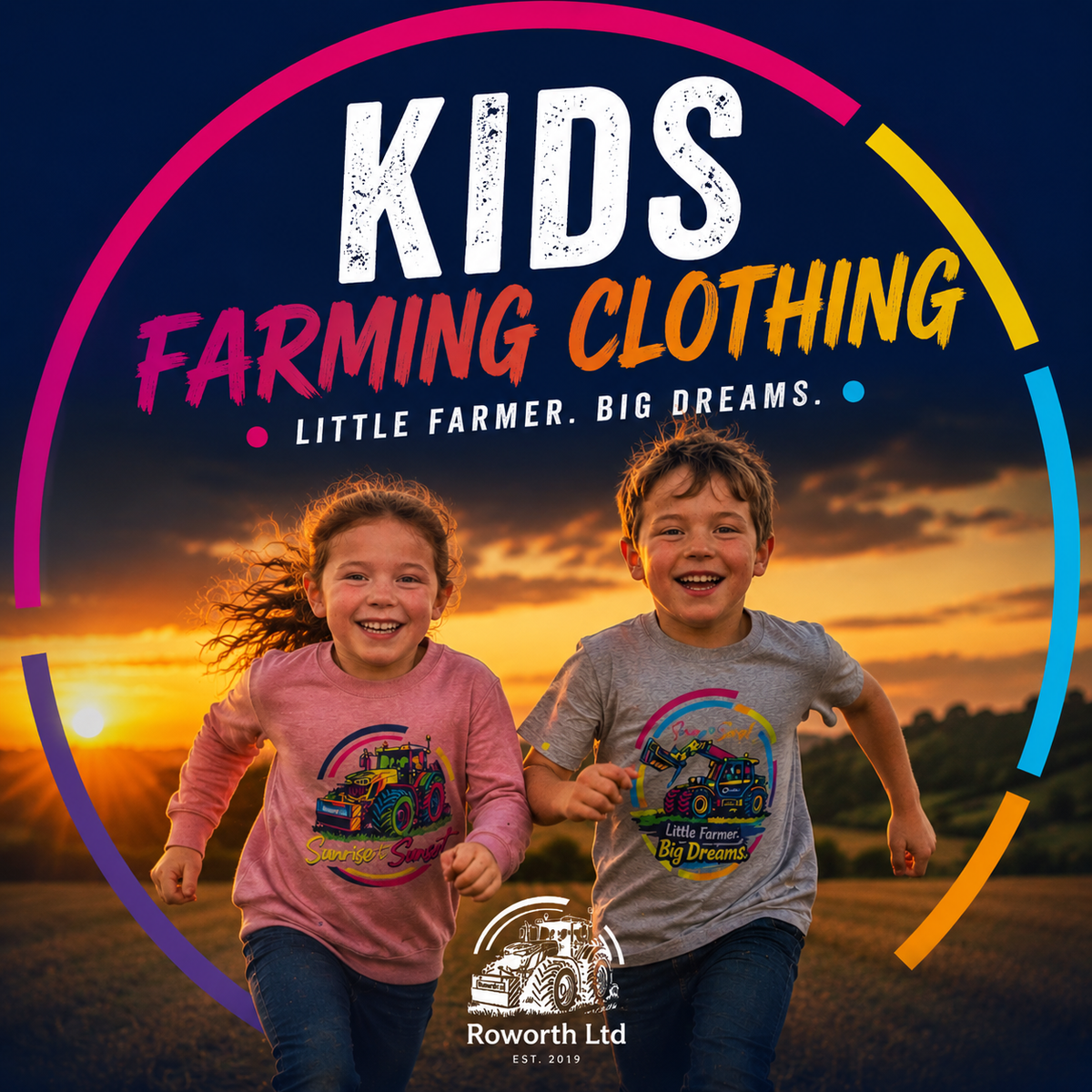Children running through a field at sunset wearing colourful Roworth Ltd farming clothing featuring tractor graphics and ‘Little Farmer. Big Dreams.’ designs from the NextGen kids collection