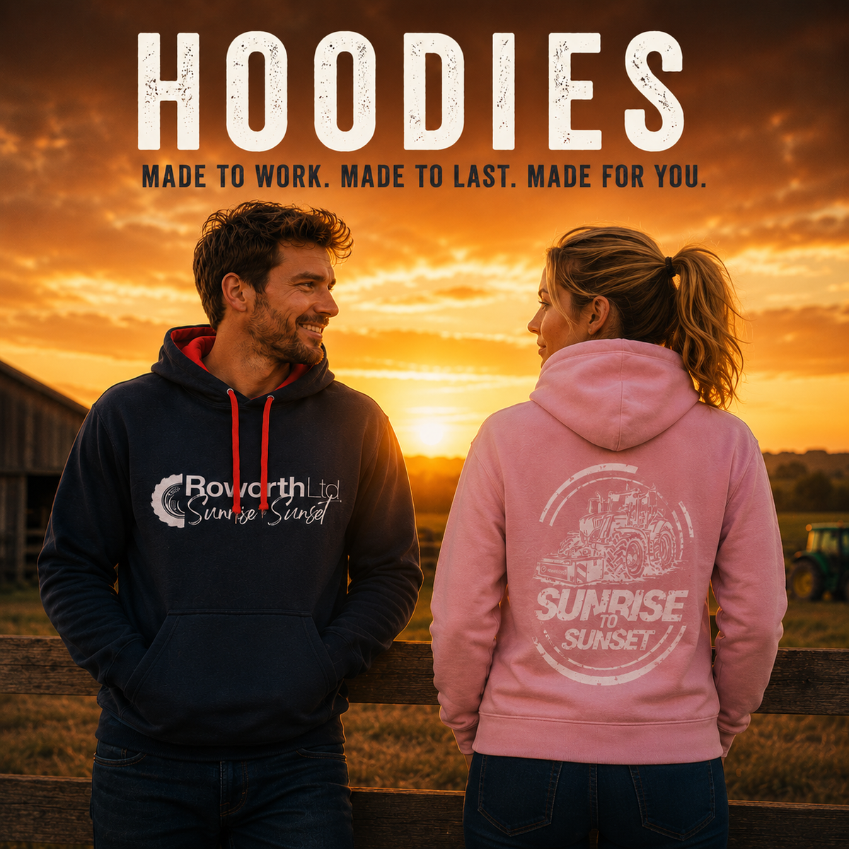 Man and woman wearing Roworth Ltd farming hoodies at sunset beside a wooden fence, showcasing front and back hoodie designs from the Sunrise to Sunset collection.