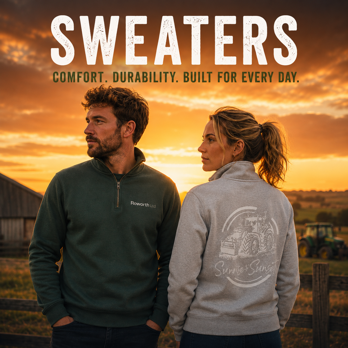 Man and women wearing Roworth Ltd Quarter Zip Sweaters in farm yard with sunset behind them. Sunrise to sunset.