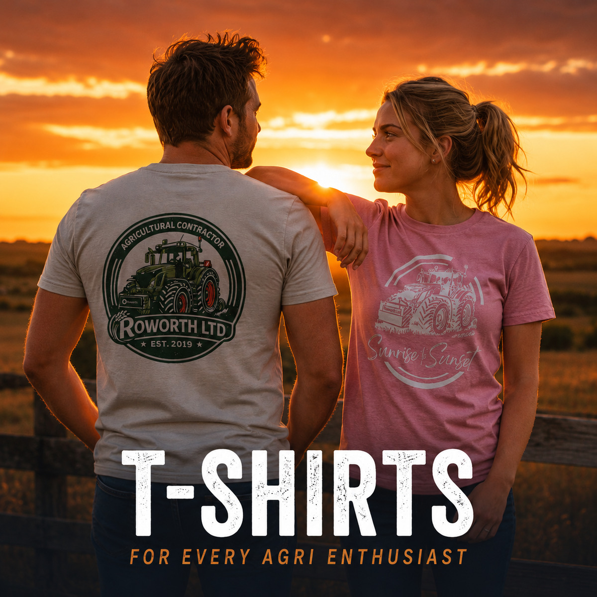 Children running through a field at sunset wearing colourful Roworth Ltd farming clothing featuring tractor graphics and ‘Little Farmer. Big Dreams.’ designs from the NextGen kids collection.