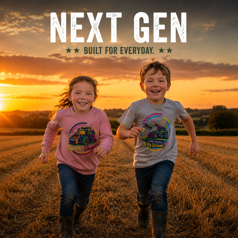 Golden sunset lifestyle image featuring two children running through a harvested field wearing colourful Roworth Ltd Next Gen farming clothing, promoting the NEXT GEN collection inspired by young farming families and countryside adventures.