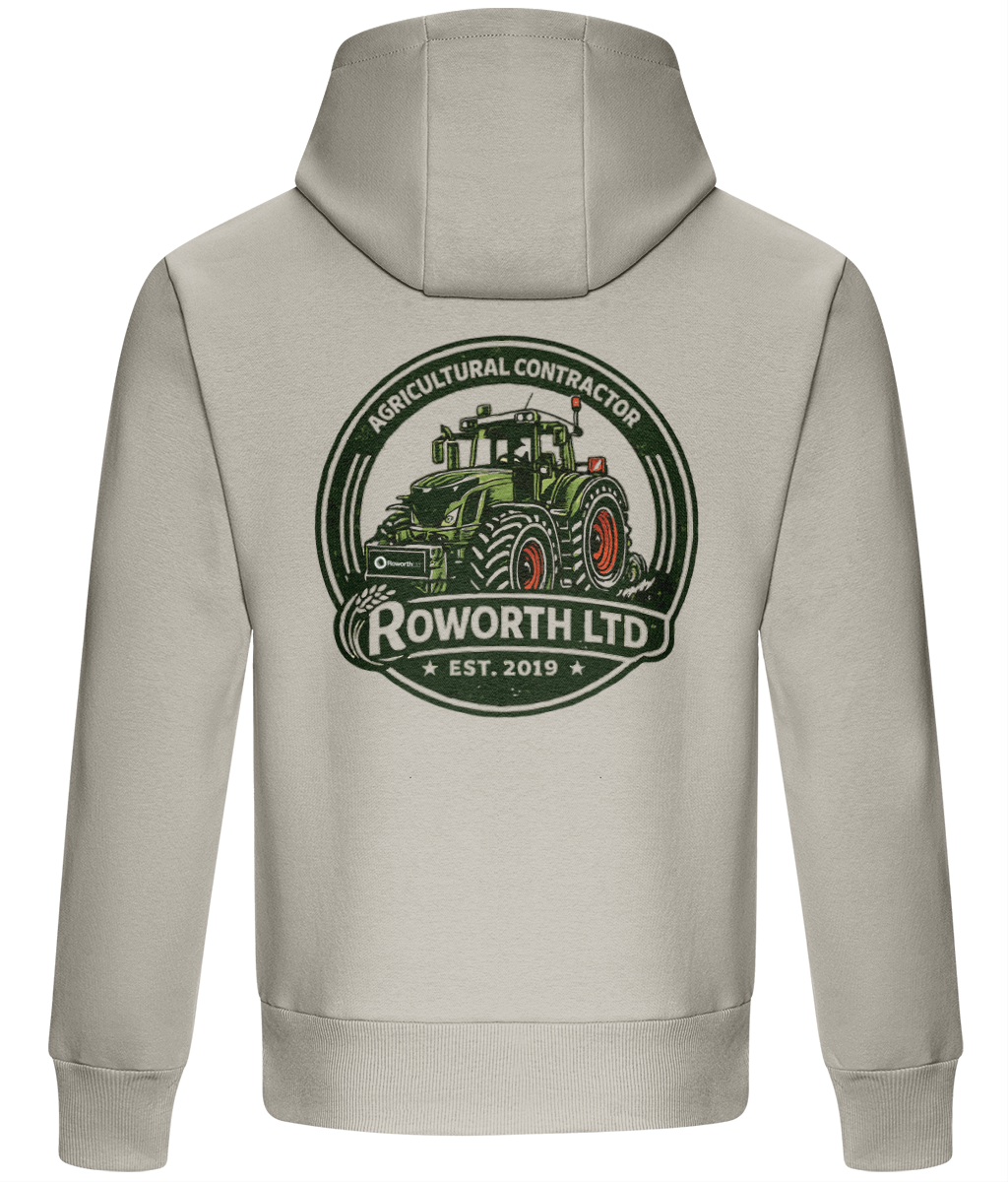 Gray hoodie with a tractor graphic and 'Roworth Ltd' text on the back, on a white background