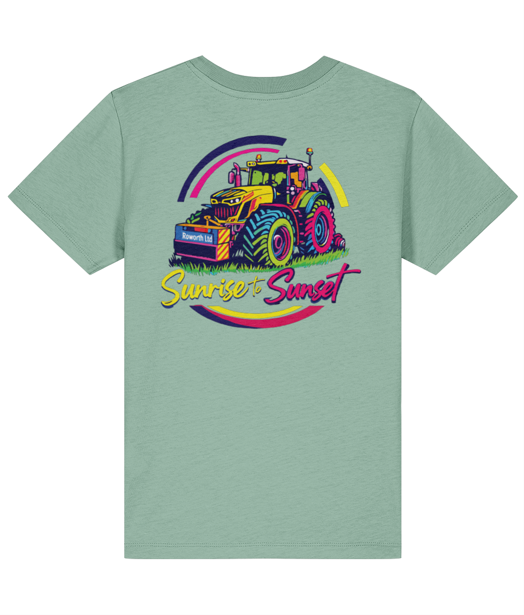 Light green t-shirt with a pop art 942 Tractor graphic and 'Sunrise to Sunset' text on a white background