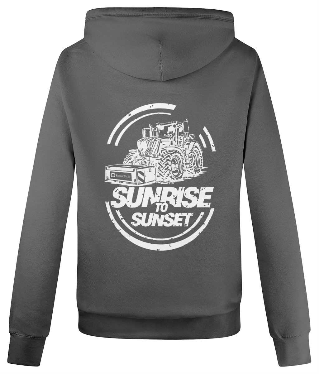 Gray hoodie with bold Roworth  white graphic and text on the back against a white background