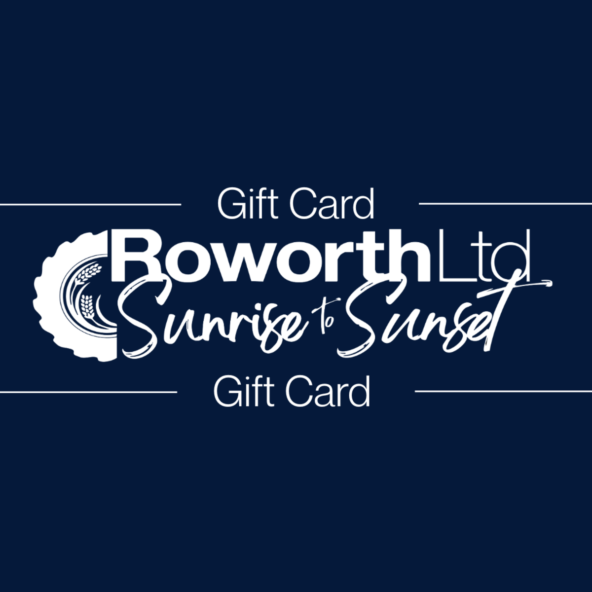 Roworth Ltd gift card design with logo and text on a blue background