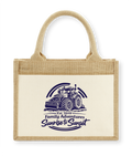 Jute bag with family adventure design and text on a white background