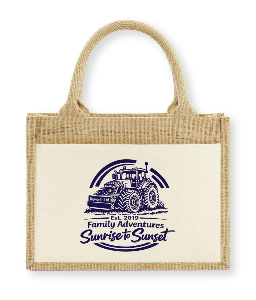 Jute bag with family adventure design and text on a white background