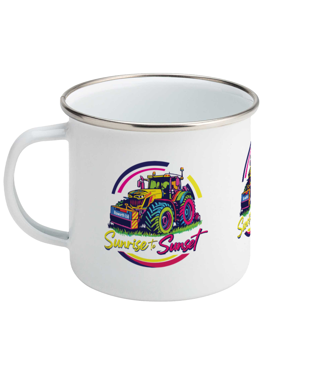 White tractor mug with colourful tractor design and 'Sunrise to Sunset' text on a white background