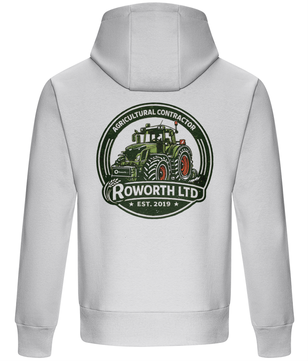 Grey hoodie with a green tractor logo and 'Roworth Ltd' text on the back, against a grey background.