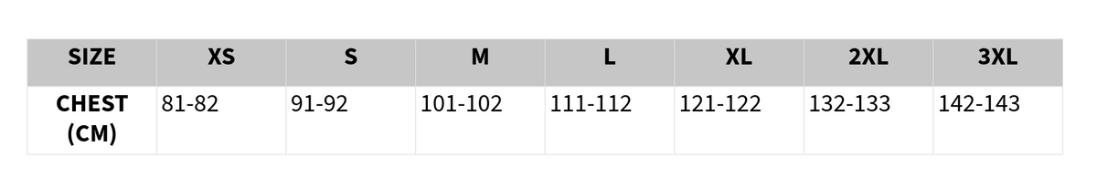 Size chart for chest measurements in centimeters with size labels from XS to 3XL.