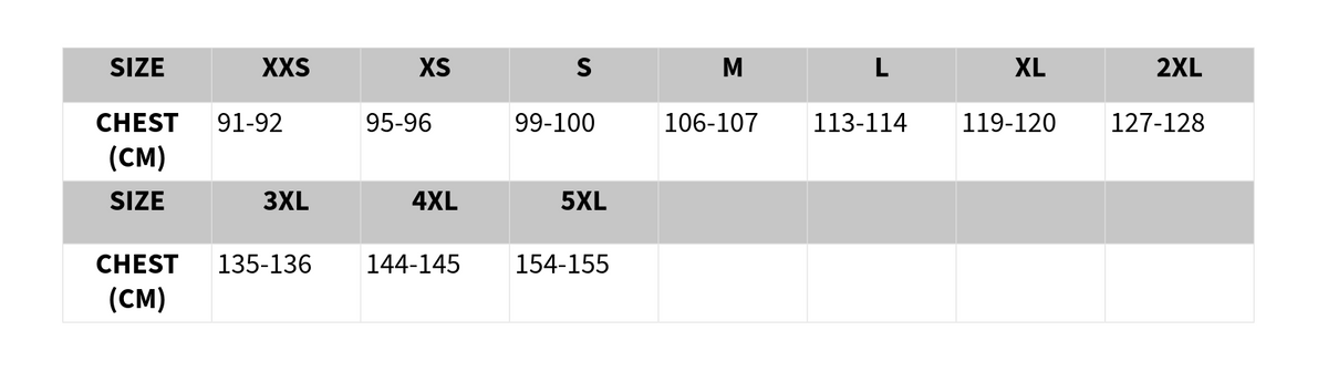 Size chart for chest measurements in centimeters 