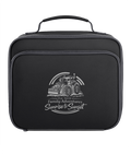 Black travel bag with a white tractor design and text on a white background