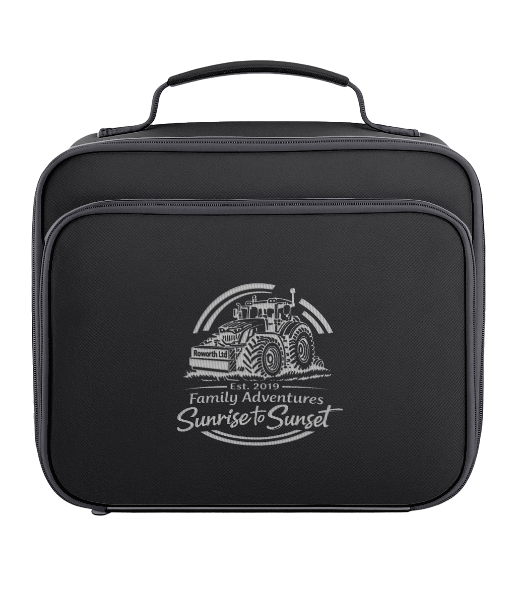 Black travel bag with a white tractor design and text on a white background