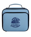 Blue lunch bag with a tractor design and text on a light blue background