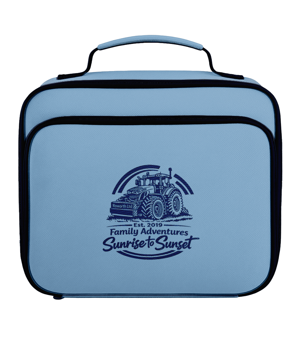 Blue lunch bag with a tractor design and text on a light blue background
