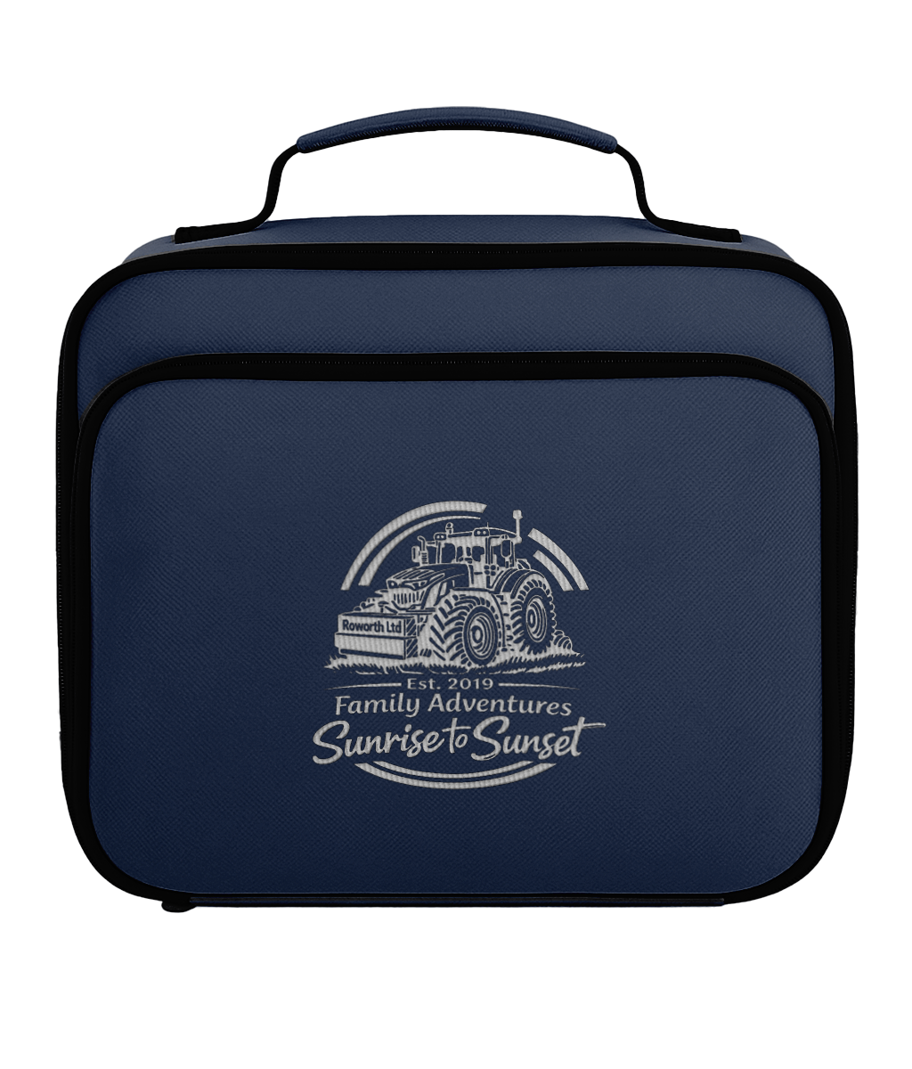 Navy blue lunch bag with tractor design and text on a white background