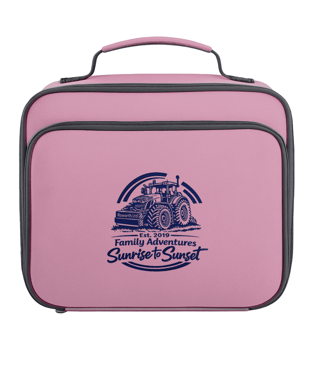 Pink lunch box with pink and navy handle and tractor design on a  background