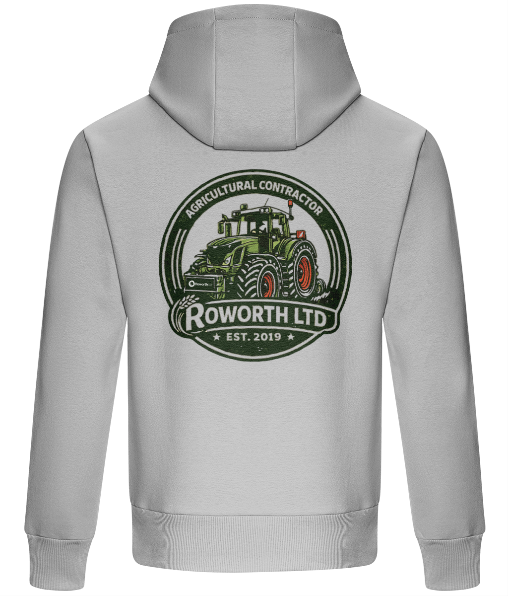 Gray hoodie with a tractor logo and 'Roworth Ltd' text on the back, against a white background.