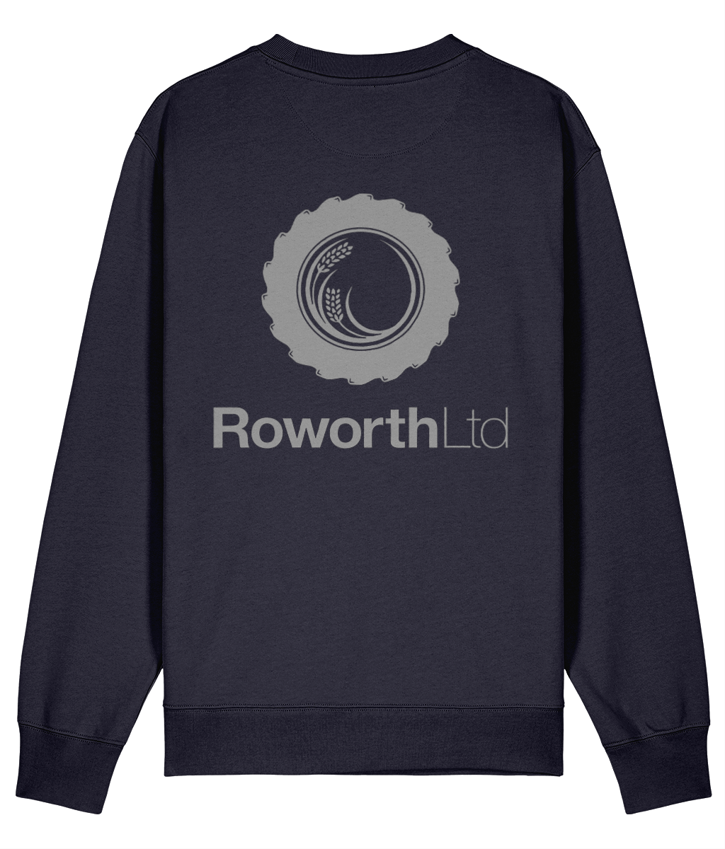 Roworth Ltd classic navy sweater with large logo print on back, British farming clothing