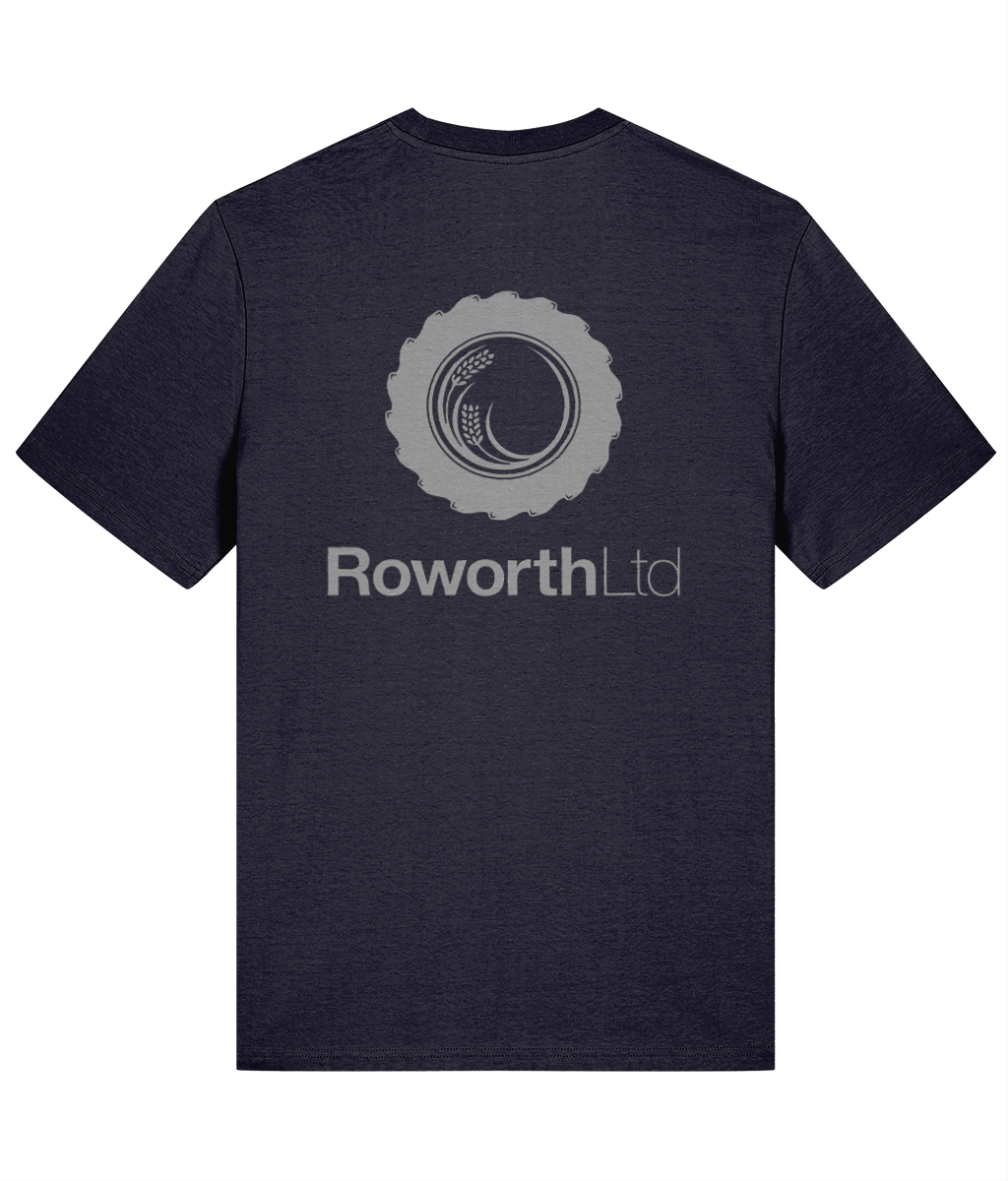 Roworth Ltd classic navy t-shirt with large logo print on back, British farming clothing