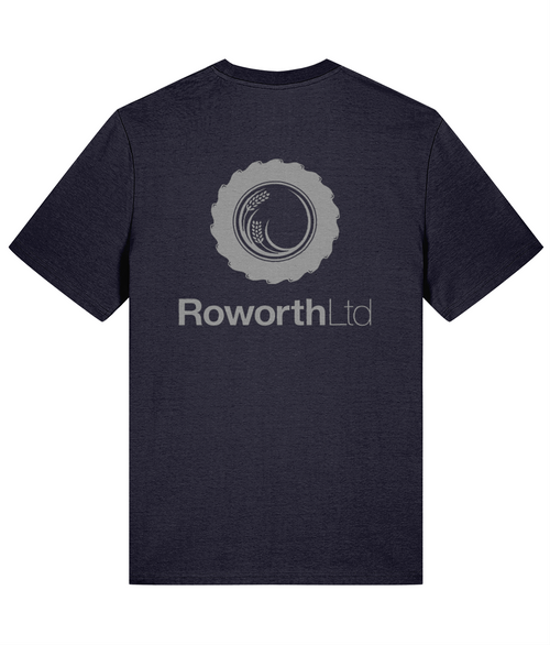 Roworth Ltd classic navy t-shirt with large logo print on back, British farming clothing
