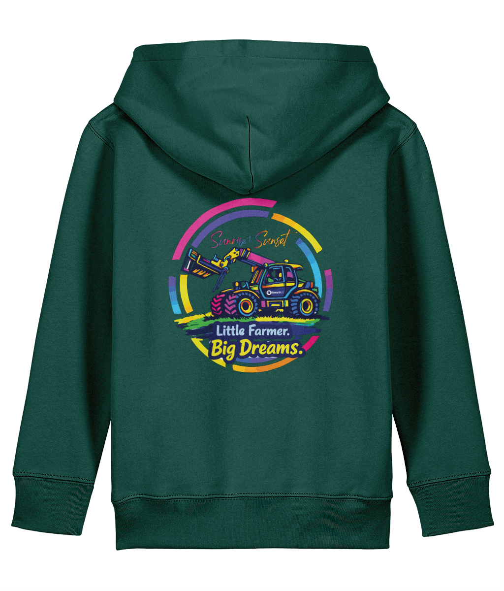 Roworth Ltd kids hoodie in dark green with Little Farmer Big Dreams tractor design, farming inspired clothing for children