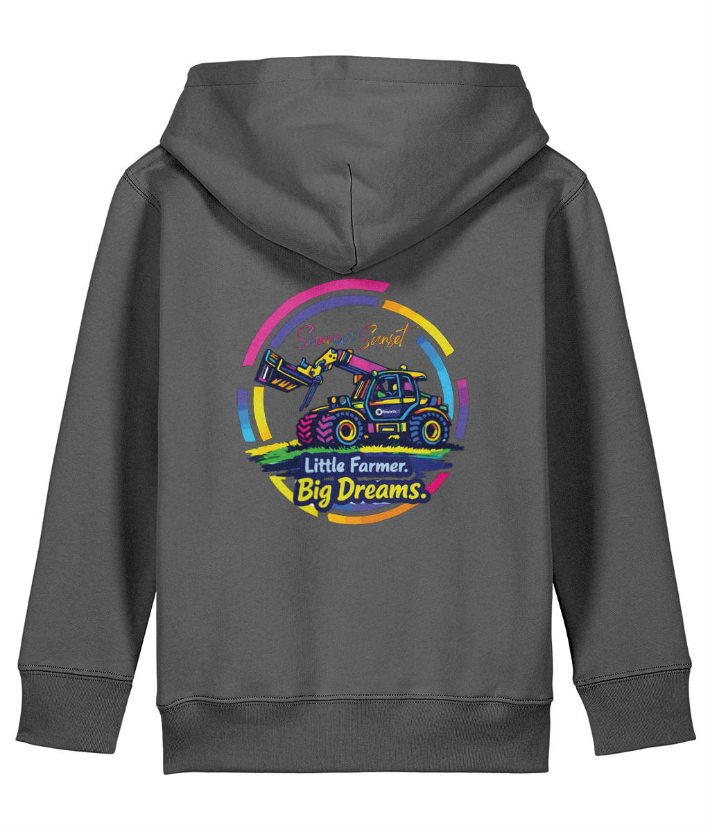 Roworth Ltd kids hoodie in dark grey featuring Little Farmer Big Dreams tractor design, farming inspired kids hoodie