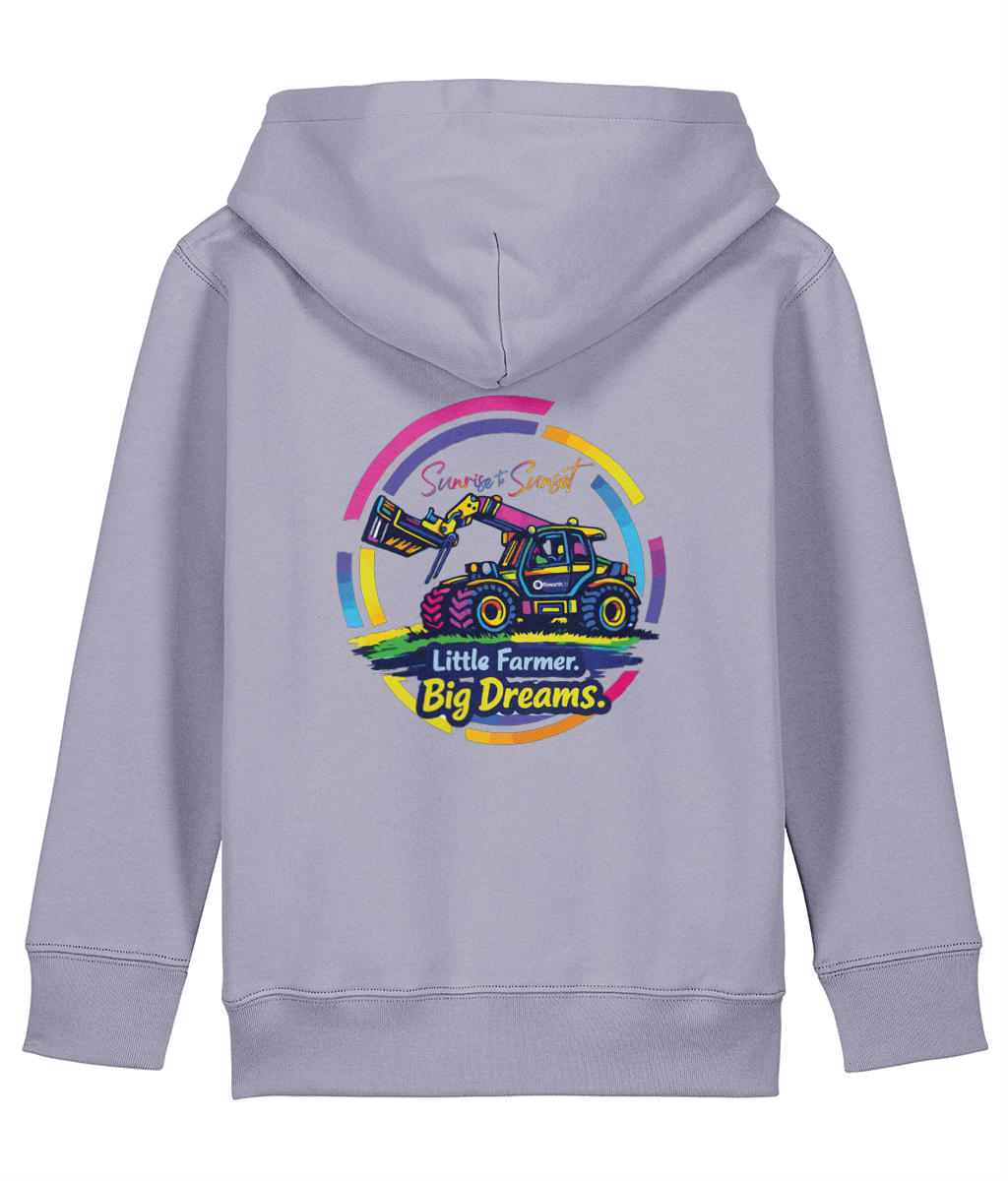 Roworth Ltd kids hoodie in light lilac with Little Farmer Big Dreams tractor design on back, British agricultural clothing for children