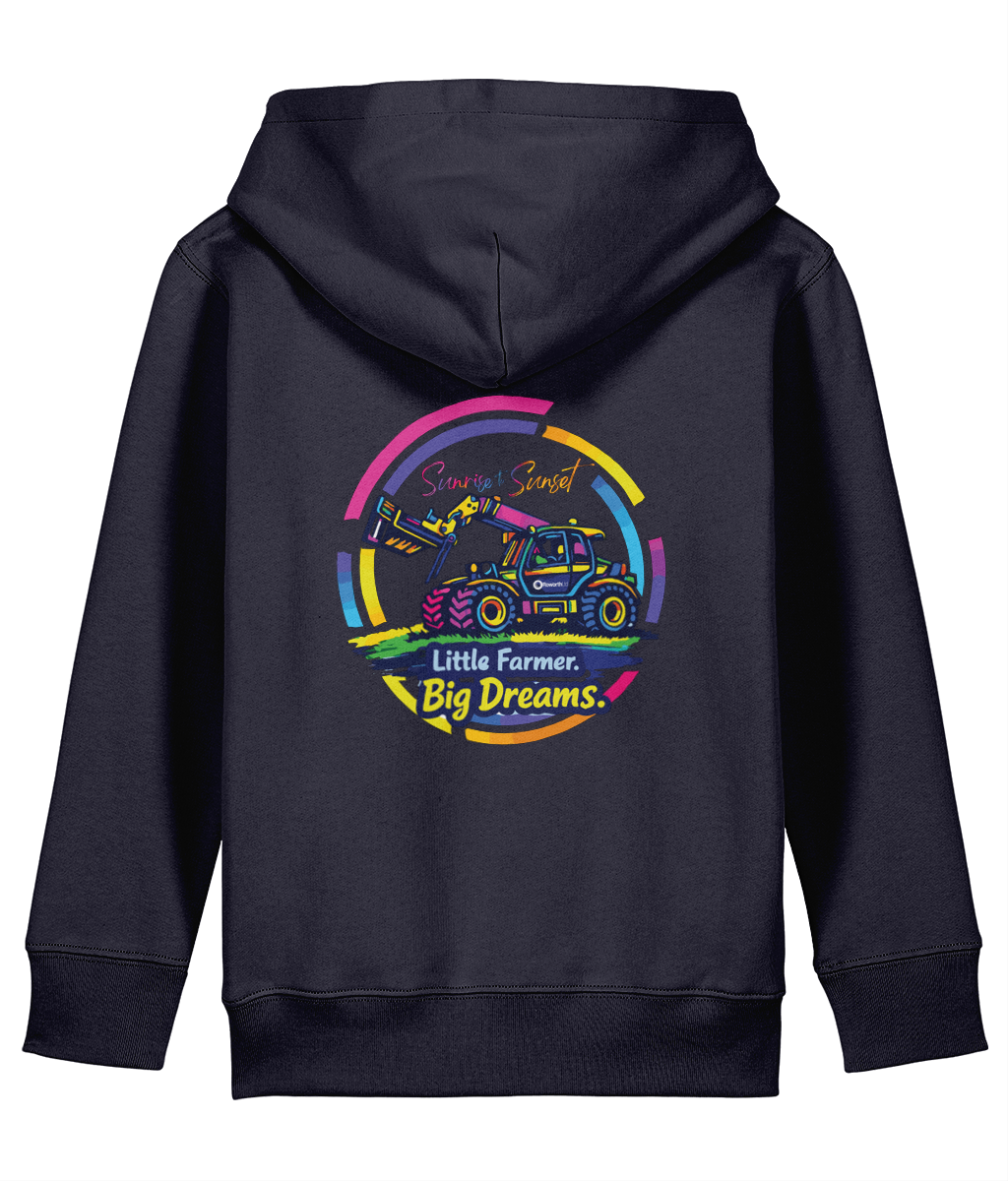 Roworth Ltd kids hoodie in navy with Little Farmer Big Dreams tractor design, agricultural clothing for children