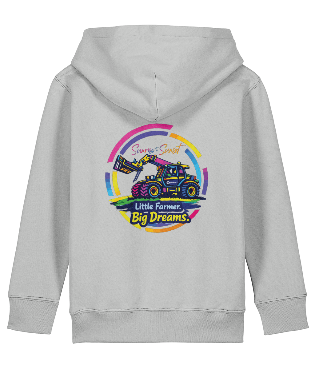 Roworth Ltd kids hoodie in stone with Little Farmer Big Dreams tractor design, British farming clothing for children
