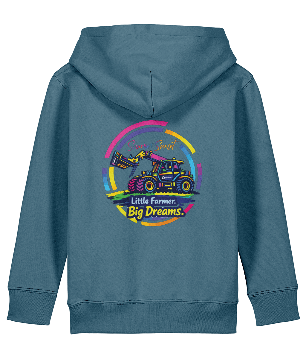Roworth Ltd kids hoodie in teal with Little Farmer Big Dreams tractor design, British agricultural kidswear