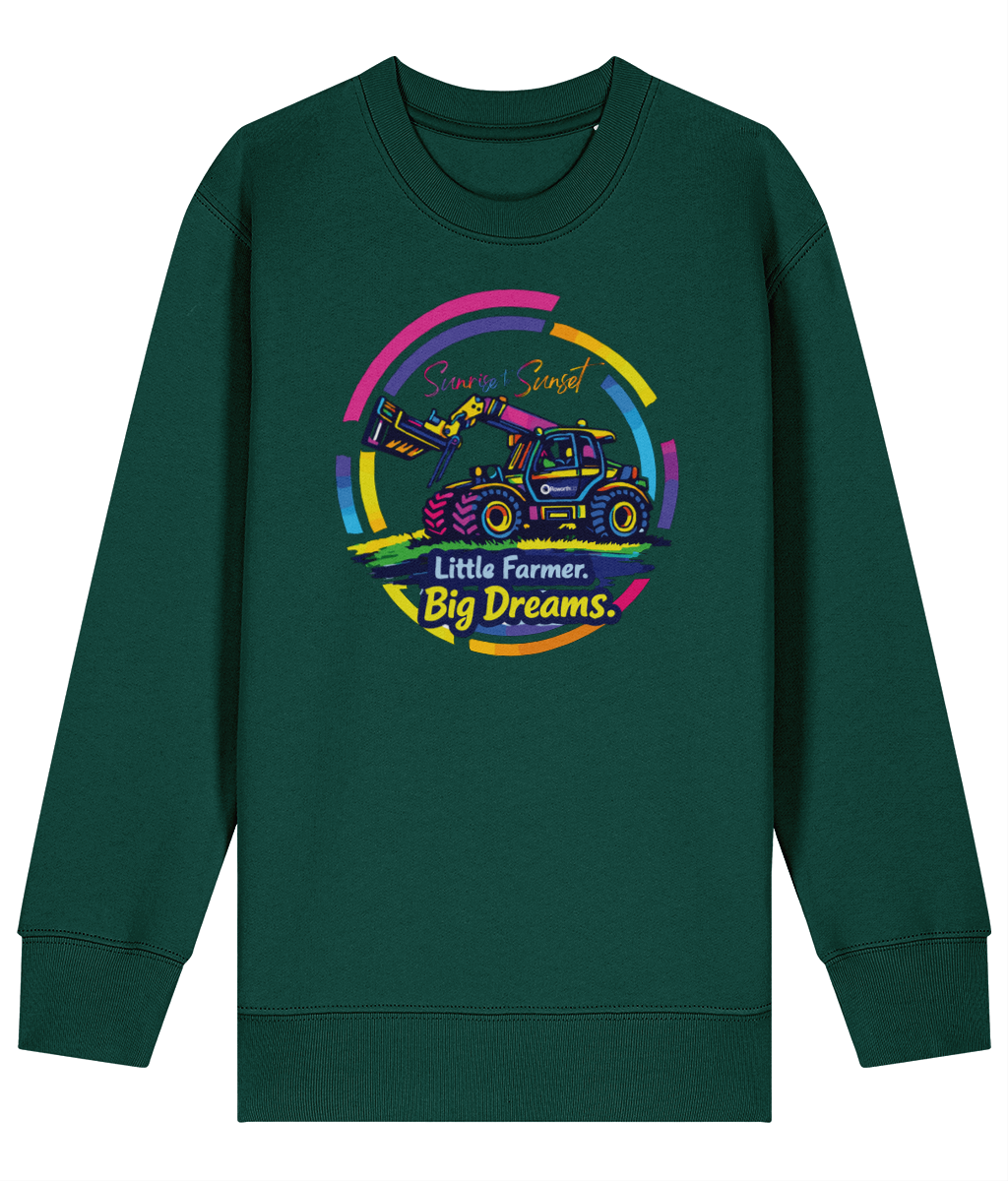 Roworth Ltd kids sweater in dark green with Little Farmer Big Dreams tractor design, British farming clothing