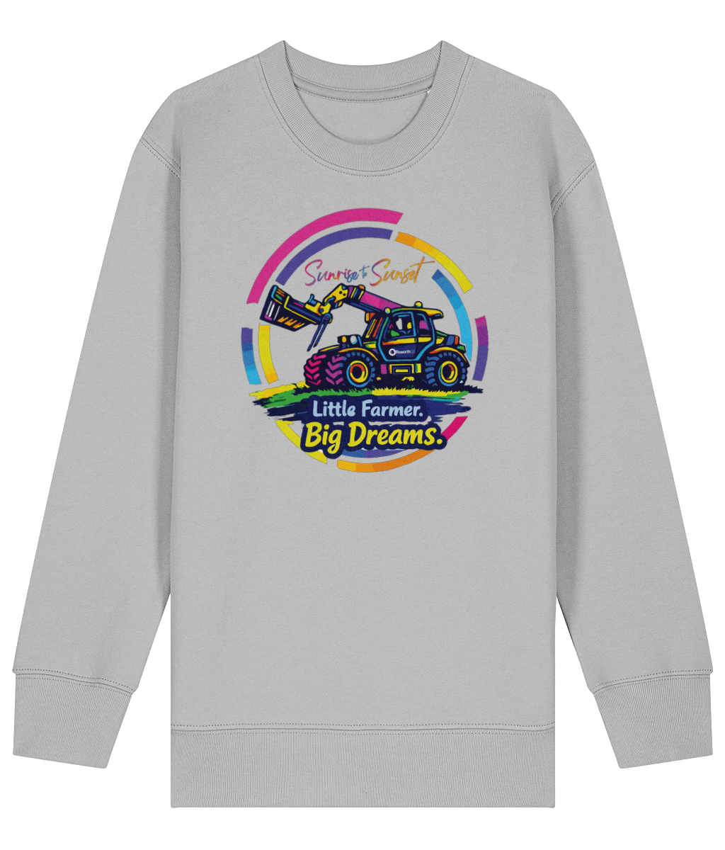 Roworth Ltd kids sweater in grey featuring Little Farmer Big Dreams tractor design, agricultural clothing for children