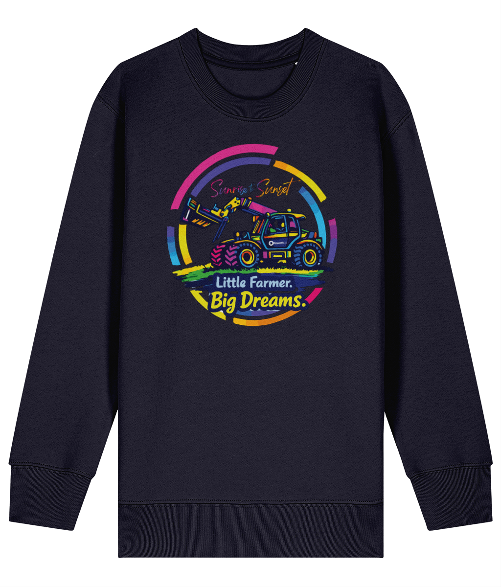 Roworth Ltd kids sweater in navy with Little Farmer Big Dreams tractor design, British agricultural kidswear