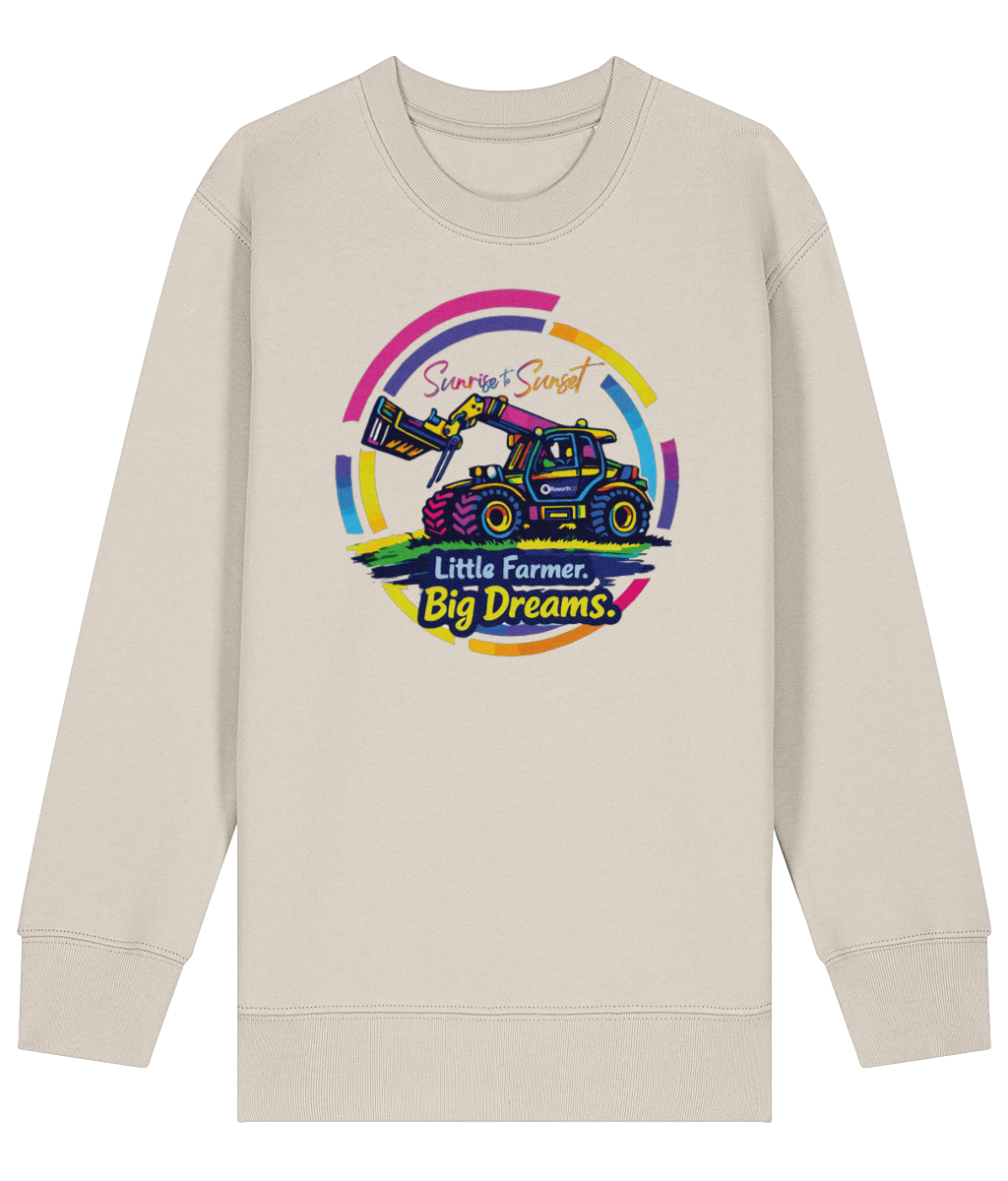 Roworth Ltd kids sweater in stone with Little Farmer Big Dreams tractor design, farming inspired clothing for children