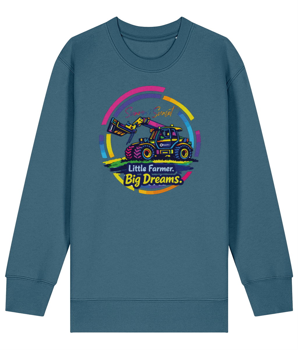 Roworth Ltd kids sweater in teal featuring Little Farmer Big Dreams tractor design, British agricultural clothing for children