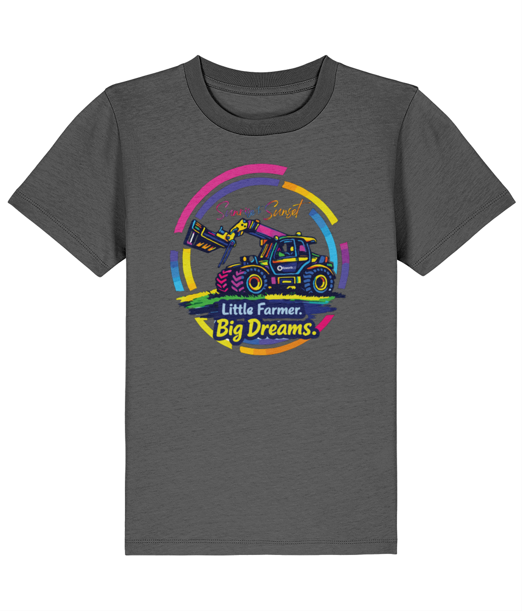 Roworth Ltd kids t-shirt in charcoal featuring Little Farmer Big Dreams tractor design, colourful agricultural clothing for children