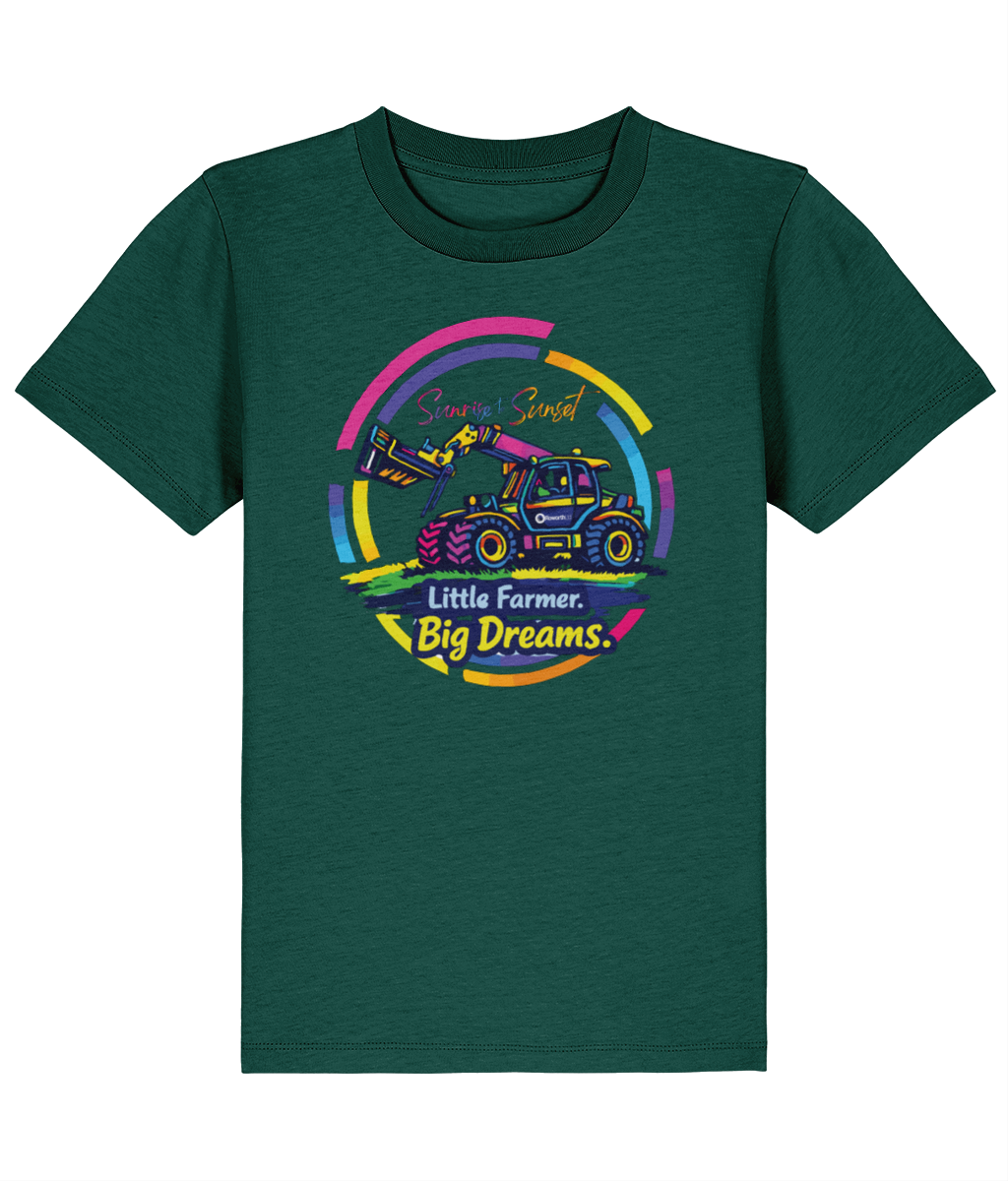 Roworth Ltd kids t-shirt in green featuring Little Farmer Big Dreams tractor design, agricultural kidswear