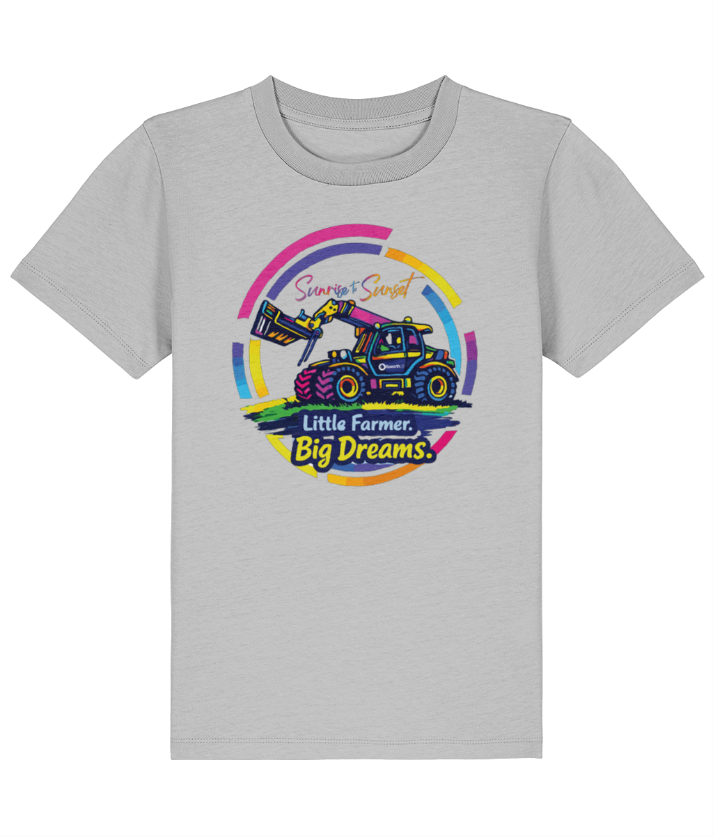 Roworth Ltd kids t-shirt in grey with Little Farmer Big Dreams tractor design, colourful farming clothing
