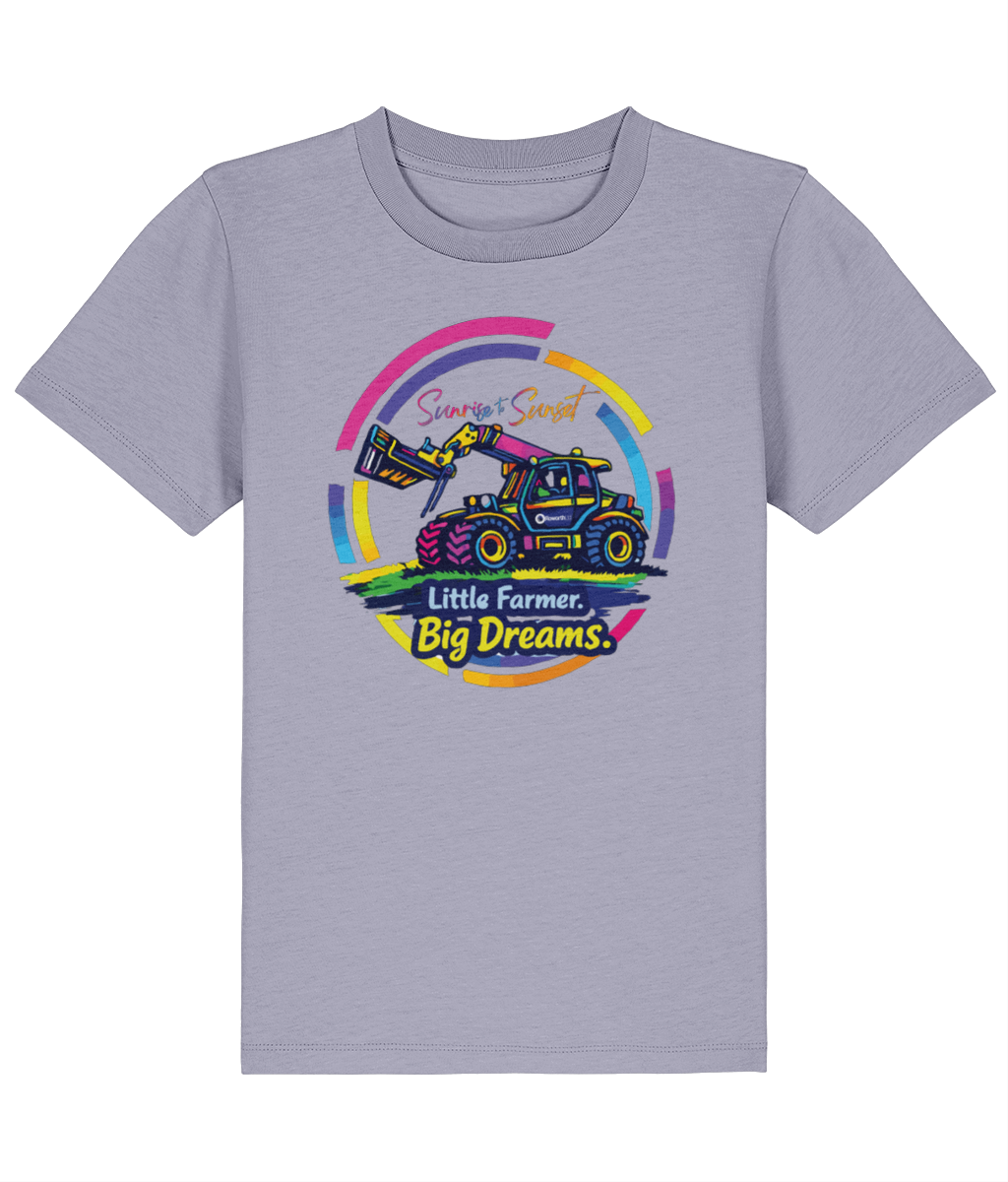 Roworth Ltd kids t-shirt in lilac featuring colourful tractor design, Little Farmer Big Dreams collection