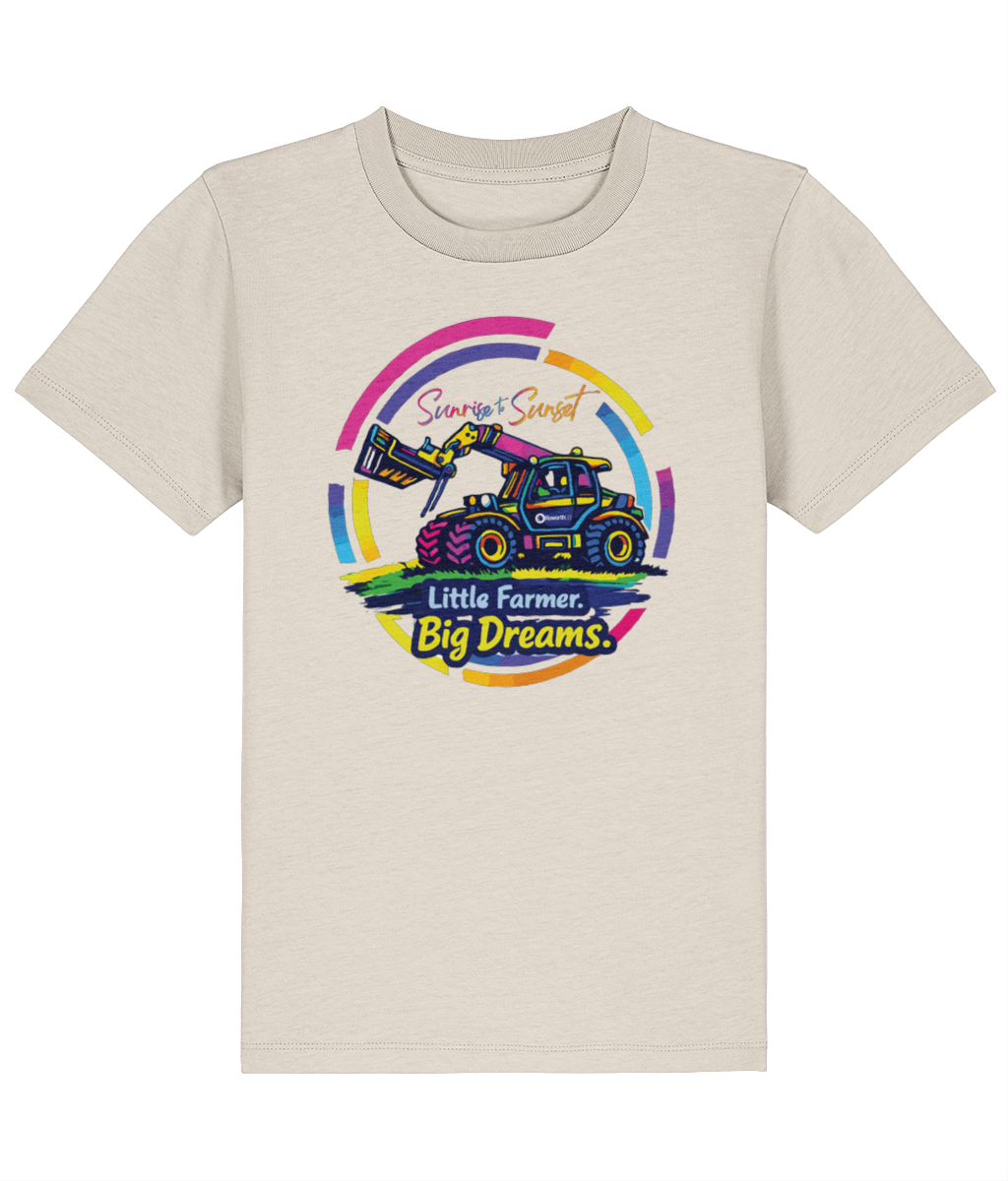 Roworth Ltd kids t-shirt in natural with Little Farmer Big Dreams tractor design, countryside clothing for children