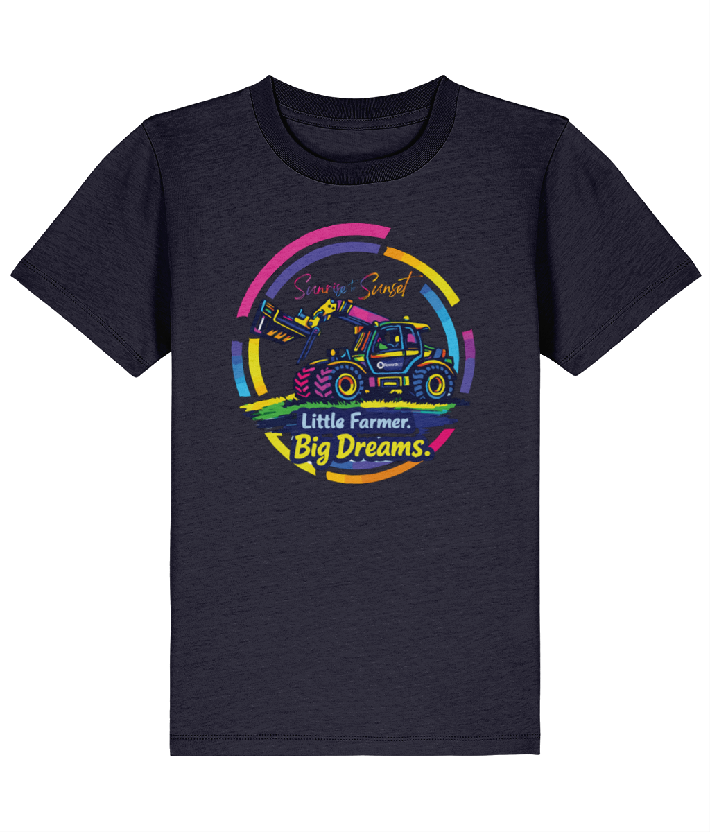 Roworth Ltd kids t-shirt in navy with Little Farmer Big Dreams tractor design, British farming clothing