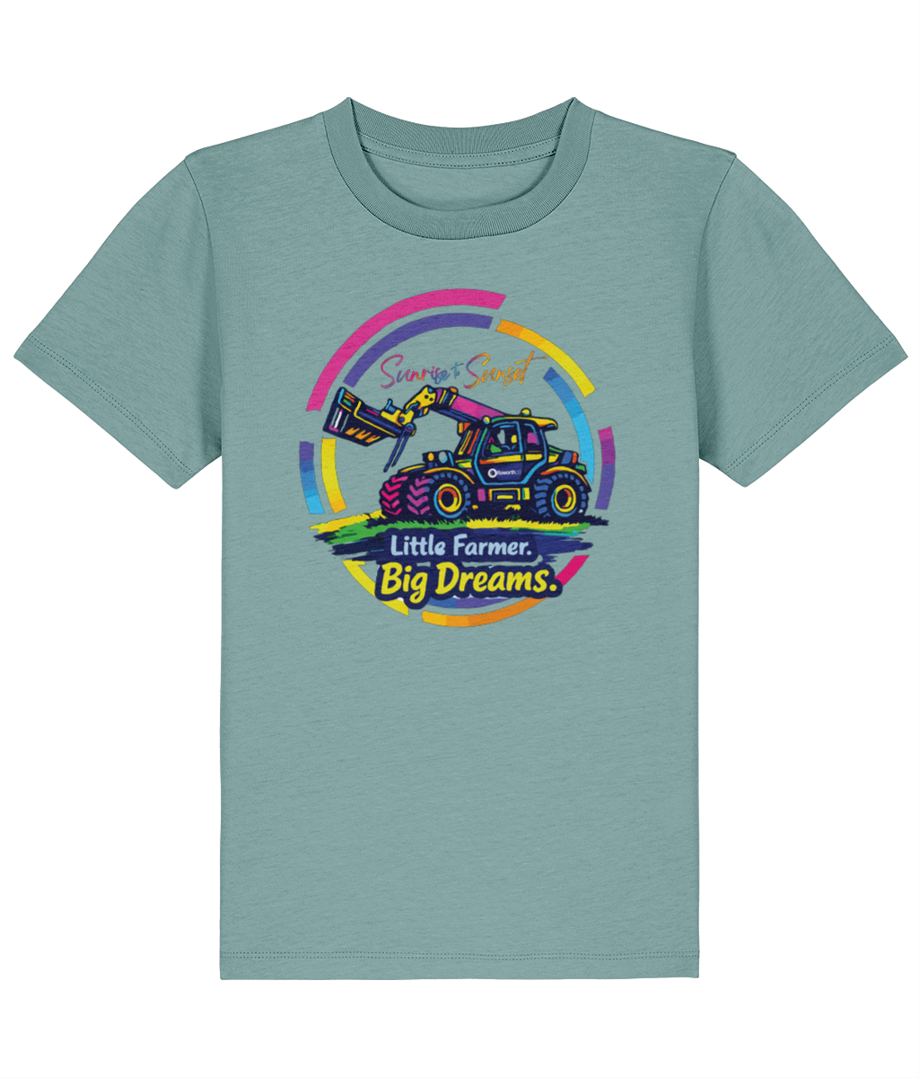 Roworth Ltd kids t-shirt in sage green featuring Little Farmer Big Dreams tractor design
