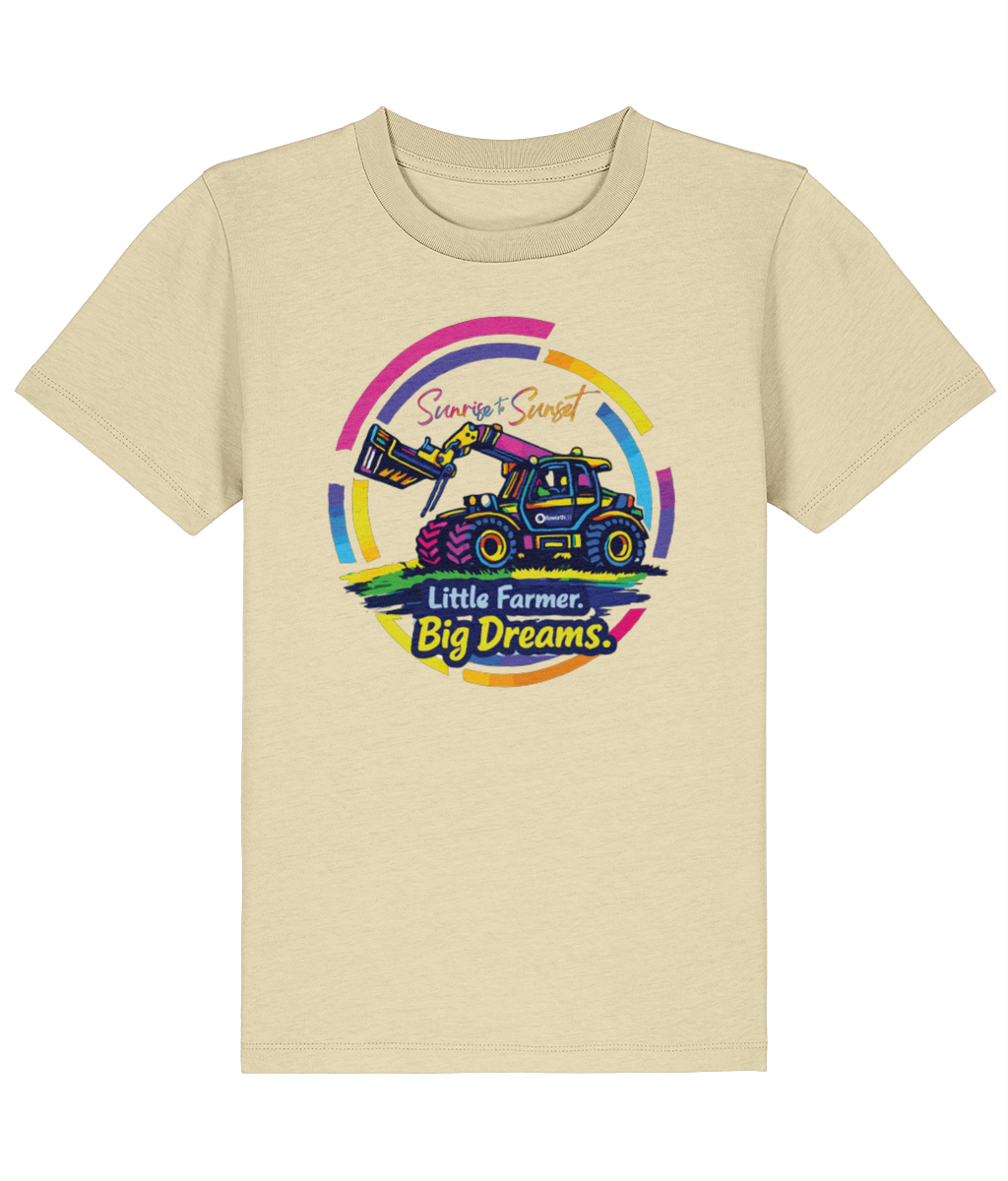 Roworth Ltd kids t-shirt in sand with Little Farmer Big Dreams tractor design, farming inspired clothing for children