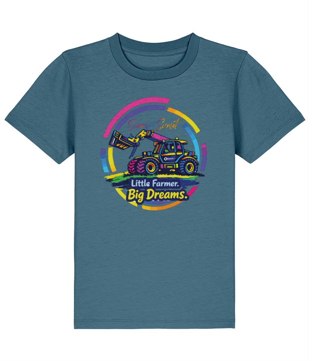 Roworth Ltd kids t-shirt in teal with colourful tractor design, Little Farmer Big Dreams kidswear