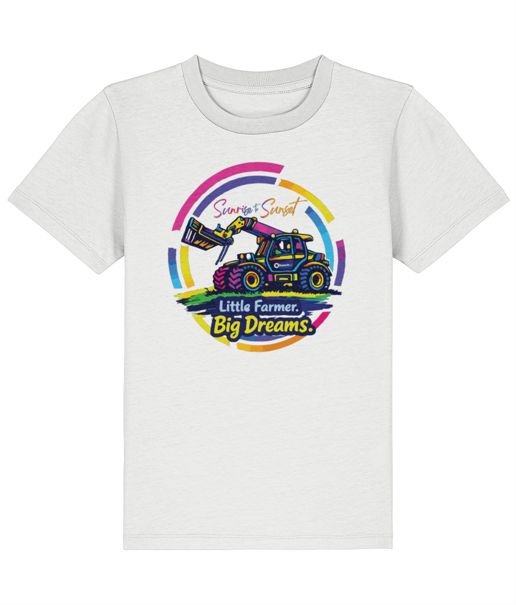 Roworth Ltd kids white t-shirt with Little Farmer Big Dreams tractor design, colourful farming clothing