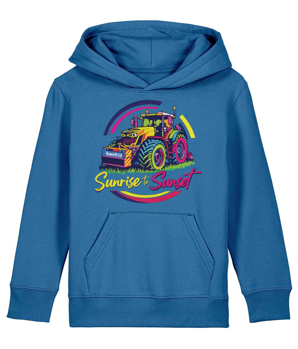 Roworth Ltd NextGen kids tractor hoodie in blue with sunrise to sunset design, British agricultural clothing