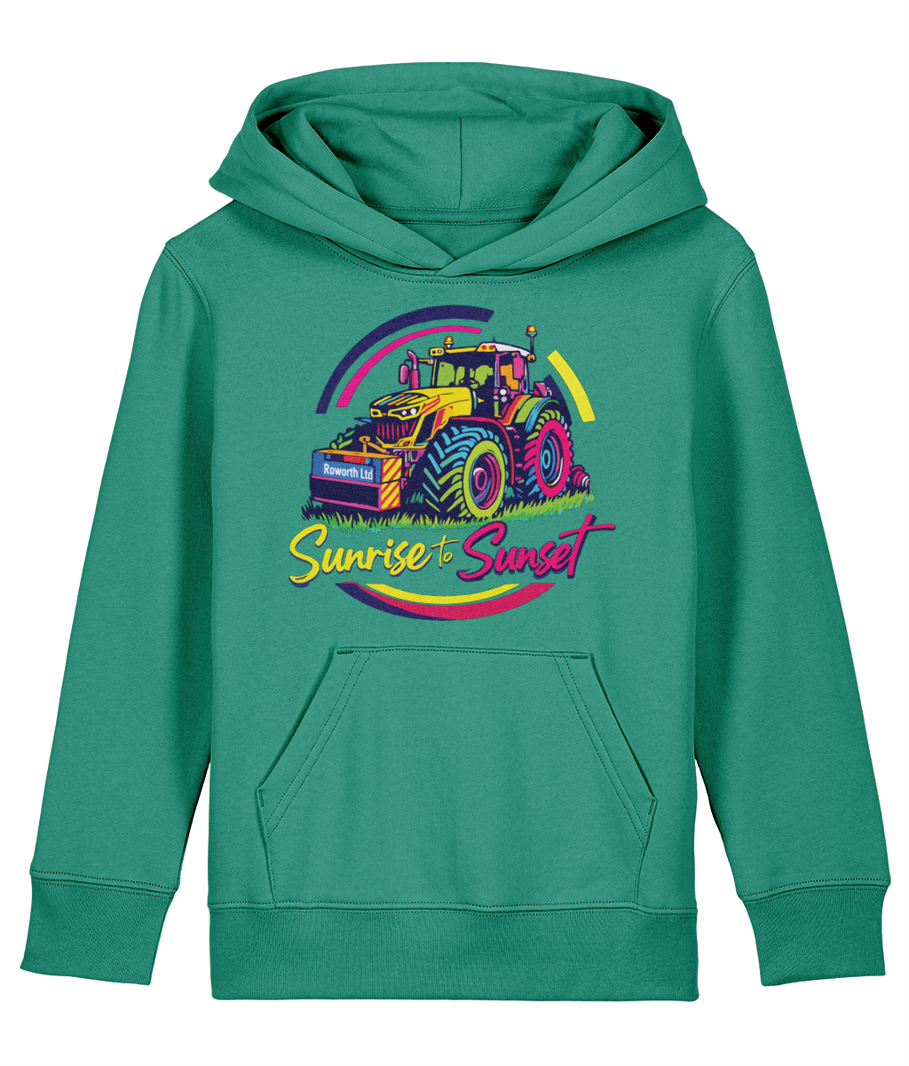 Roworth Ltd NextGen kids tractor hoodie in green with sunrise to sunset design, British agricultural clothing